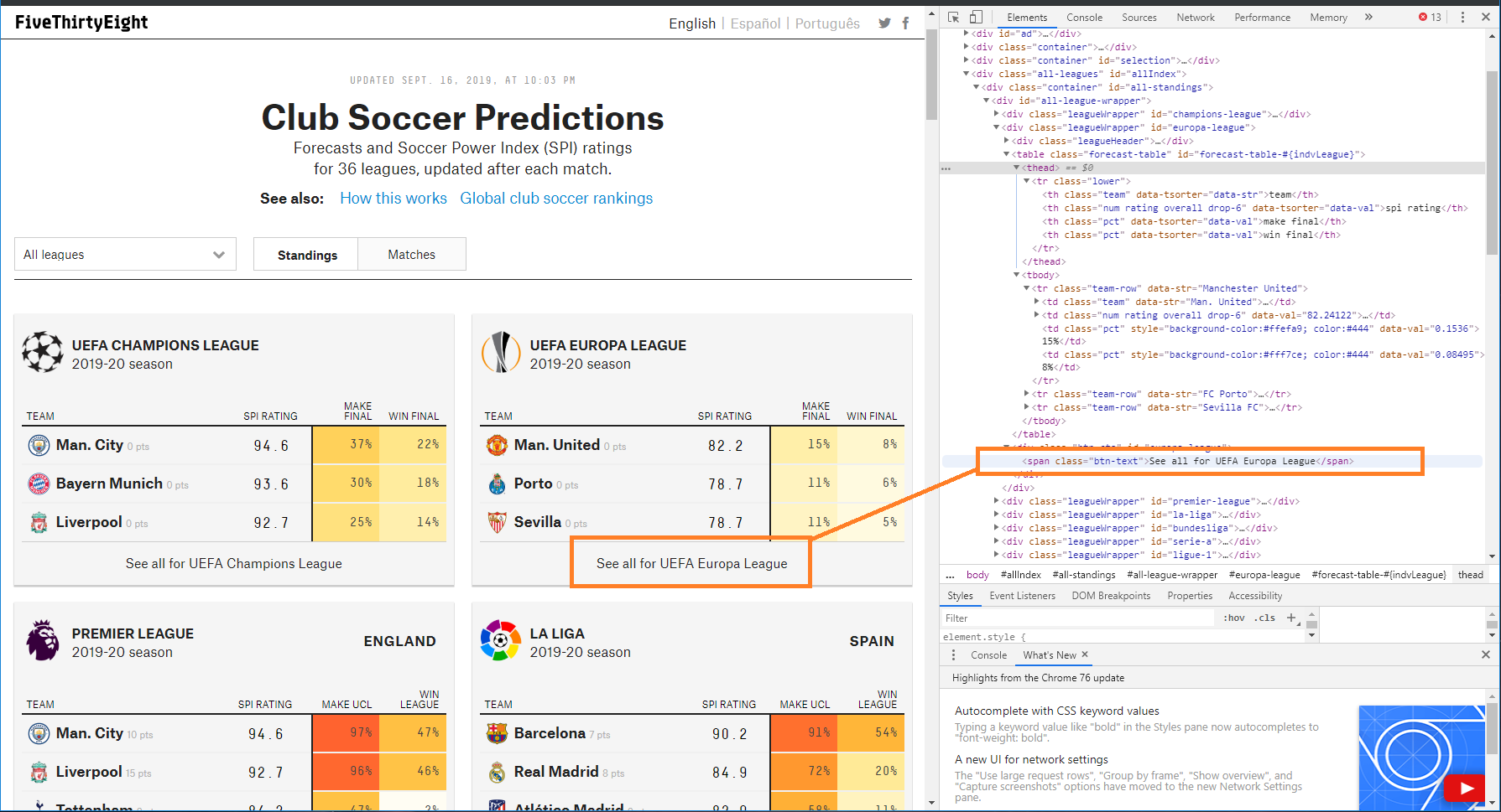 An image showing the code underlying FiveThirtyEight's football predictions page.