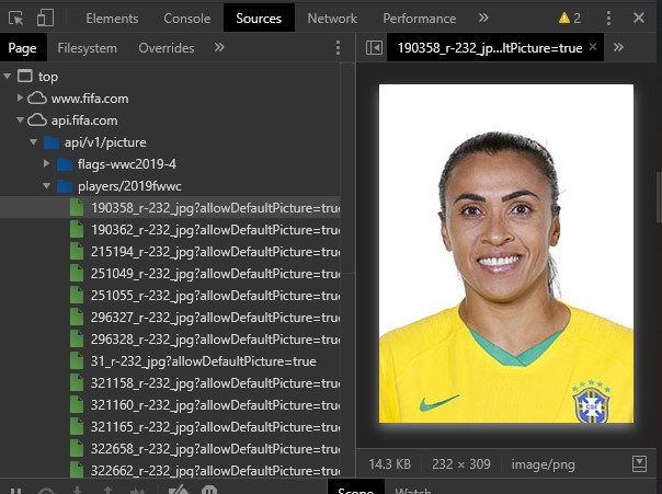 Picture of the API request which returns a photo of Marta, a Brazilian football player.